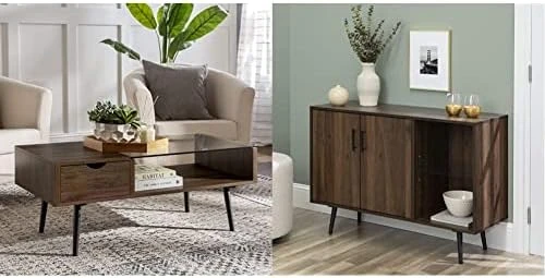 Walker Edison Montclair Mid Century Modern Two Toned 1 Drawer Coffee Table, 42 Inch, Glass And Dark Walnut & Theo Mid Century Modern 2 Door Asymmetrical Glass Shelf Buffet, 44 Inch, Dark Walnut 9 Walker Edison Montclair Mid Century Modern Two Toned 1 Drawer Coffee Table, 42 Inch, Glass And Dark Walnut & Theo Mid Century Modern 2 Door Asymmetrical Glass Shelf Buffet, 44 Inch, Dark Walnut - Image 7