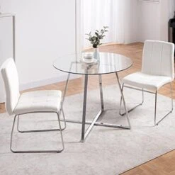 5 Pieces Dining Table And Chairs Set - Modern Round Dining Room Table With 4 Leather Chairs - Tempered Glass Table Top And Chrome Legs Kitchen Table Set For Small Space - White 27 5 Pieces Dining Table And Chairs Set - Modern Round Dining Room Table With 4 Leather Chairs - Tempered Glass Table Top And Chrome Legs Kitchen Table Set For Small Space - White -Amazon Store 41F5qMOONL. AC 1
