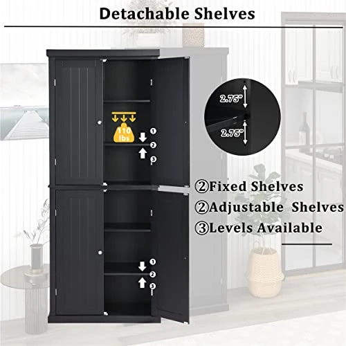 72.4" H Kitchen Storage Cabinet, Freestanding Tall Kitchen Pantry With 4 Doors And Adjustable Shelves, Tall Kitchen Pantry Accent Cabinet Buffet Sideboard For Kitchen Living/Dining Room, Black 8 72.4" H Kitchen Storage Cabinet, Freestanding Tall Kitchen Pantry With 4 Doors And Adjustable Shelves, Tall Kitchen Pantry Accent Cabinet Buffet Sideboard For Kitchen Living/Dining Room, Black - Image 6