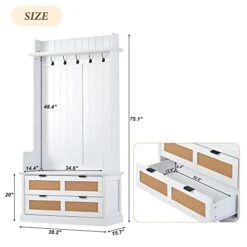 SCORRO Clothes Locker Vintage Style Hall Tree With 5 Metal Hooks And 2 Large Rattan Element Drawers Wooden Hallway Organizer With Storage Bench And Metal Drawer Handles (White) -Amazon Store 41FCB9iXniL