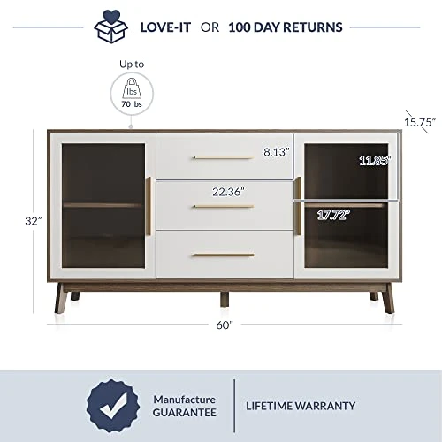 BELLEZE Sideboard Buffet Cabinet With 3 Drawers & 2 Doors, Console Table For Kitchen Glass Storage Cabinet Coffee Bar Accent Cabinet For Living Room Dining Room Hallway, White 3 BELLEZE Sideboard Buffet Cabinet With 3 Drawers & 2 Doors, Console Table For Kitchen Glass Storage Cabinet Coffee Bar Accent Cabinet For Living Room Dining Room Hallway, White
