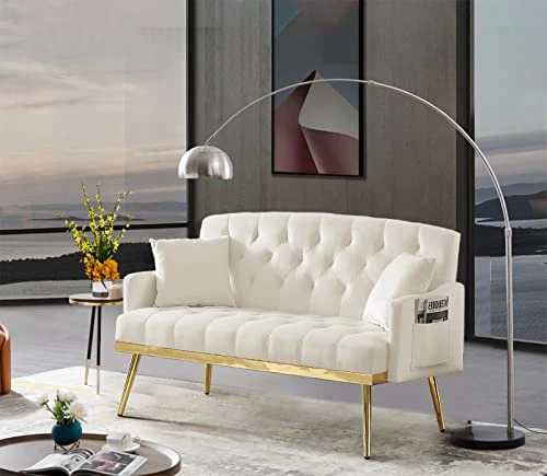 Antetek Upholstered Velvet Loveseat Sofa, Modern Small Sofa Couch With Side Pocket And Golden Metal Legs, Tufted Leisure Sofa For Living Room, Bedroom, Office, Light Beige 5 Antetek Upholstered Velvet Loveseat Sofa, Modern Small Sofa Couch With Side Pocket And Golden Metal Legs, Tufted Leisure Sofa For Living Room, Bedroom, Office, Light Beige - Image 3