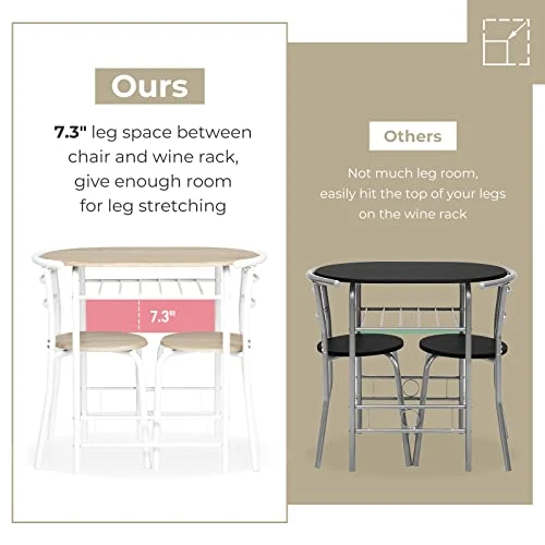 Bonnlo 3 Piece Dining Set, Small Kitchen Table Set For 2, Breakfast Table Set, Kitchen Small Table And Chairs For Small Space/Dining Room/Apartment, Metal Frame, Wine Rack, White&Light Oak 6 Bonnlo 3 Piece Dining Set, Small Kitchen Table Set For 2, Breakfast Table Set, Kitchen Small Table And Chairs For Small Space/Dining Room/Apartment, Metal Frame, Wine Rack, White&Light Oak - Image 4
