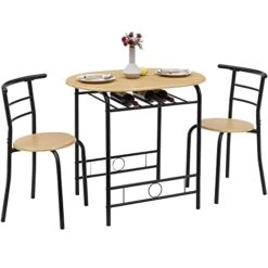 VECELO 3-Piece Bar Table Set, Round Tabletop & Chair For Kitchen Dining Room Breakfast, Built-in Wine Rack, Space Saving[X-Large], 33.46" Length X 23.6" Width, Black And Natural -Amazon Store 41FrOkEA6WL