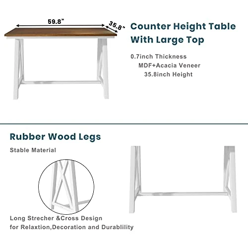 CITYLIGHT 7 Pieces Dining Table Set, Rustic Kitchen Furniture Set, Counter Height Farmhouse Wood Dining Table Set With 6 Upholstered Dining Chairs, White+Walnut+Beige 4 CITYLIGHT 7 Pieces Dining Table Set, Rustic Kitchen Furniture Set, Counter Height Farmhouse Wood Dining Table Set With 6 Upholstered Dining Chairs, White+Walnut+Beige - Image 2