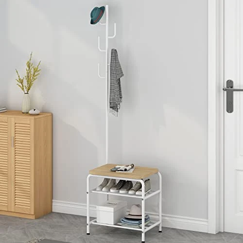 LINZINAR Coat Rack Shoe Bench 3 In 1 Design Hall Tree Storage Bench Industrial Style Coat Tree For Bedroom Living Room Entryway, White 4 LINZINAR Coat Rack Shoe Bench 3 In 1 Design Hall Tree Storage Bench Industrial Style Coat Tree For Bedroom Living Room Entryway, White - Image 2