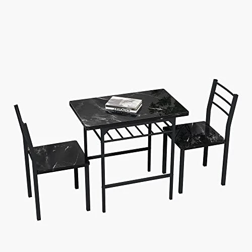 BAOLUMA 3 Piece Dining Table Set With 2 Chairs, Kitchen Table Set For 2 People For Small Space,Black Metal Frame And Square Faux Marble Tabletop (Black) 5 BAOLUMA 3 Piece Dining Table Set With 2 Chairs, Kitchen Table Set For 2 People For Small Space,Black Metal Frame And Square Faux Marble Tabletop (Black) - Image 3