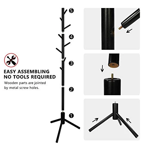 Alotpower Wooden Tree Coat Rack Stand, 3 Adjustable Sizes, 8 Hooks - Super Easy Assembly NO Tools Required - Free Standing Solid Coat Hanger Stand For Clothes, Suits, Accessories (Black) 6 Alotpower Wooden Tree Coat Rack Stand, 3 Adjustable Sizes, 8 Hooks - Super Easy Assembly NO Tools Required - Free Standing Solid Coat Hanger Stand For Clothes, Suits, Accessories (Black) - Image 4