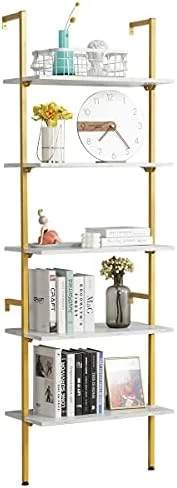 MELLCOM 5 Tier Industrial Ladder Shelf, Wood Modern Bookshelf With Golden Metal Frame, Wall-Mounted Plant Flower Storage Organizer For Living Room, Bathroom, Kitchen, Balcony 10 MELLCOM 5 Tier Industrial Ladder Shelf, Wood Modern Bookshelf With Golden Metal Frame, Wall-Mounted Plant Flower Storage Organizer For Living Room, Bathroom, Kitchen, Balcony - Image 8