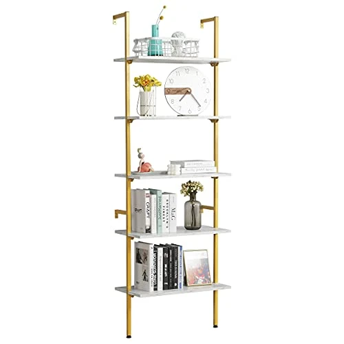 MELLCOM 5 Tier Industrial Ladder Shelf, Wood Modern Bookshelf With Golden Metal Frame, Wall-Mounted Plant Flower Storage Organizer For Living Room, Bathroom, Kitchen, Balcony 3 MELLCOM 5 Tier Industrial Ladder Shelf, Wood Modern Bookshelf With Golden Metal Frame, Wall-Mounted Plant Flower Storage Organizer For Living Room, Bathroom, Kitchen, Balcony