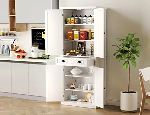 Yusong 72'' Tall Kitchen Pantry Cabinet, Farmhouse Storage Cabinet With 4 Doors, Drawer And Adjustable Shelf, Freestanding Wooden Cupboard Buffet For Home Dining Room Living Room Entryway, White 4 Yusong 72'' Tall Kitchen Pantry Cabinet, Farmhouse Storage Cabinet With 4 Doors, Drawer And Adjustable Shelf, Freestanding Wooden Cupboard Buffet For Home Dining Room Living Room Entryway, White - Image 2