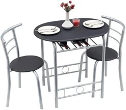 VECELO 3-Piece Bar Table Set, Round Tabletop & Chair For Kitchen Dining Room Breakfast, Built-in Wine Rack, Space Saving[X-Large], 33.46" Length X 23.6" Width, Black And Natural -Amazon Store 41GCyRpnVhL. AC 1