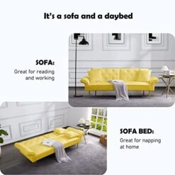 Lepfun Velvet Futon Sofa Bed, Memory Foam Couch Set, Upholstered Modern Daybed Convertible Folding Loveseat Recliner With Pillows And Wooden Frame For Compact Living Room,Apartment,Dorm,Office(Yellow) -Amazon Store 41GUbHFhQpL 1