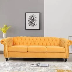 MIYZEAL Modern 3 Seater Couch Velvet, Upholstered Sofa With Tufted Back, Roll Arm Classic Chesterfield Settee Couches For Living Room, Office (Dark Gray) -Amazon Store 41GaBV95f5L. AC