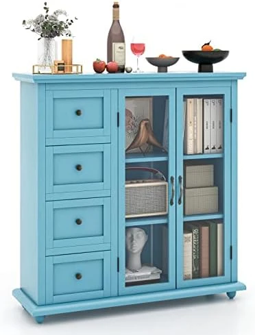 COSTWAY Buffet Sideboard Storage Cabinet, Console Table With 4 Drawers, 2-Glass Door, For Kitchen Dining Room, Entryway, Kitchen Pantry, Buffet Server (White) 10 COSTWAY Buffet Sideboard Storage Cabinet, Console Table With 4 Drawers, 2-Glass Door, For Kitchen Dining Room, Entryway, Kitchen Pantry, Buffet Server (White) - Image 8