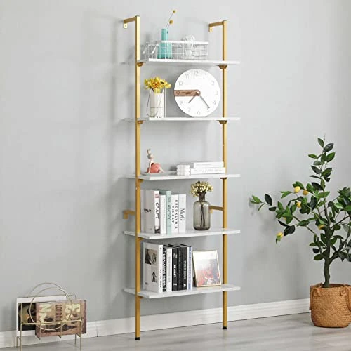 MELLCOM 5 Tier Industrial Ladder Shelf, Wood Modern Bookshelf With Golden Metal Frame, Wall-Mounted Plant Flower Storage Organizer For Living Room, Bathroom, Kitchen, Balcony 4 MELLCOM 5 Tier Industrial Ladder Shelf, Wood Modern Bookshelf With Golden Metal Frame, Wall-Mounted Plant Flower Storage Organizer For Living Room, Bathroom, Kitchen, Balcony - Image 2