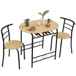 VECELO 3-Piece Bar Table Set, Round Tabletop & Chair For Kitchen Dining Room Breakfast, Built-in Wine Rack, Space Saving[X-Large], 33.46" Length X 23.6" Width, Black And Natural