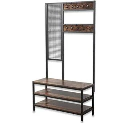 Extrordinary Living Entryway Large Coat Rack Stand Shoe Bench 3-in-1 Hall Tree 3-Tier Storage Shelves With Steel Frame With Grid Wall Multifunctional Hallway Shelf Office Bedroom Wood Look Accent Furniture Hall Tree (Hang Wall) (Dark Walnut) -Amazon Store 41HBLYGYAlL