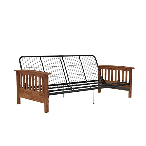 DHP 2524349 Walnut Wood Arm Metal Futon Frame With 6-Inch Mattress, Tan 5 DHP 2524349 Walnut Wood Arm Metal Futon Frame With 6-Inch Mattress, Tan - Image 3