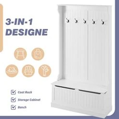 YOLENY 3-in-1 Entryway Hall Tree Storage Bench, 71" Wooden Coat Rack Bench With 5 Steel Double Hooks & Anti-Topple Anchor For Living Room, Home, Space Saving, White -Amazon Store 41HJBmsG3RL
