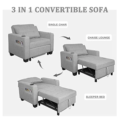 DURASPACE Futon Sofa Bed, 3 In 1 Convertible Sofa Chair Bed, Adjustable Backrest Chair, Chaise Lounge With USB Ports, Cup Holder, Side Pocket, Storage Box For Living Room (Light Gray Linen) 4 DURASPACE Futon Sofa Bed, 3 In 1 Convertible Sofa Chair Bed, Adjustable Backrest Chair, Chaise Lounge With USB Ports, Cup Holder, Side Pocket, Storage Box For Living Room (Light Gray Linen) - Image 2