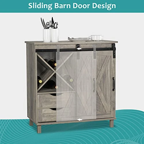 VINGLI Farmhouse Barn Door Wine Liquor Cabinet Home Coffee Bar Furniture W/Removable X-Shaped Wine Rack, Rustic Mini Buffet Sideboard Accent Storage Cabinet With 2 Drawers (Wash Grey) 8 VINGLI Farmhouse Barn Door Wine Liquor Cabinet Home Coffee Bar Furniture W/Removable X-Shaped Wine Rack, Rustic Mini Buffet Sideboard Accent Storage Cabinet With 2 Drawers (Wash Grey) - Image 6