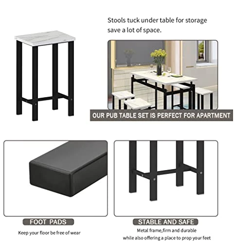 Dining Table Set For 4, 5 Pieces Kitchen Table And Chairs For Small Spaces, Bar Table And Chairs Set, Person Counter Height Table Set With 4 Chairs For Pub Restaurant Dinner Breakfast(White Statuario) 5 Dining Table Set For 4, 5 Pieces Kitchen Table And Chairs For Small Spaces, Bar Table And Chairs Set, Person Counter Height Table Set With 4 Chairs For Pub Restaurant Dinner Breakfast(White Statuario) - Image 3
