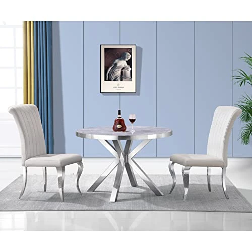 AZhome Dining Table, 45" Round Dining Room Table With Silver Mirrored Stainless Steel 5 AZhome Dining Table, 45" Round Dining Room Table With Silver Mirrored Stainless Steel - Image 3