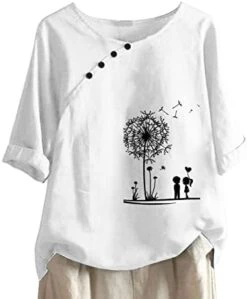 Womens Cotton Linen Shirts Casual Summer 3/4 Sleeve Tops Dandelion Print Tunic Tees Casual Crewneck Loose Fit Blouses -Amazon Store 41Hi 5FkqhL. AC