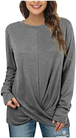 Long Sleeve Shirts For Women,Casual Crew Neck Fashion Front Twist Slit Pullover Top Solid Loose Workout Tops -Amazon Store 41Hi9SlluL. AC
