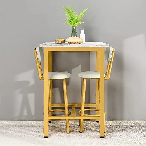 AWQM Small Dining Table Set For 2, Bar Set With 1 Square Table And 2 Upholstered Chairs With Back, Faux Marble Table Breakfast Table With Footrest For Home & Kitchen (White & Gold) 7 AWQM Small Dining Table Set For 2, Bar Set With 1 Square Table And 2 Upholstered Chairs With Back, Faux Marble Table Breakfast Table With Footrest For Home & Kitchen (White & Gold) - Image 5