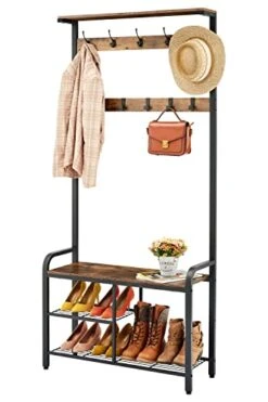 Hoctieon 3 In 1 Design Coat Rack Shoe Bench, Hall Tree For Entryway Storage Bench, Shelf Organizer, Shoe Storage, Multifunctional, Freestanding, Easy Assembly, Metal Frame, Vintage, Rustic Brown