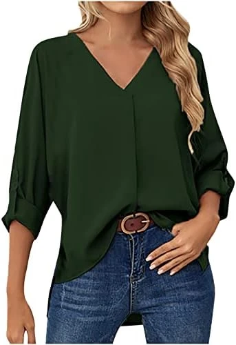 Chiffon Blouses For Women,3/4 Sleeve Fashion V Neck Loose Pullover Top Solid Color Business Elegant Shirts 11 Chiffon Blouses For Women,3/4 Sleeve Fashion V Neck Loose Pullover Top Solid Color Business Elegant Shirts - Image 9