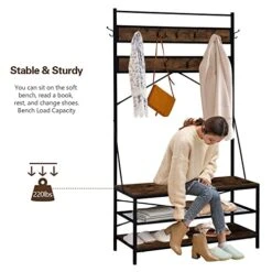 Kinsuite Coat Rack With Bench Storage Shelves, Multifunctional Industrial Entryway Hall Tree With 2-Tier Shoes Shelves And Hooks For Living Room Bedroom Cloakroom, Rustic Brown