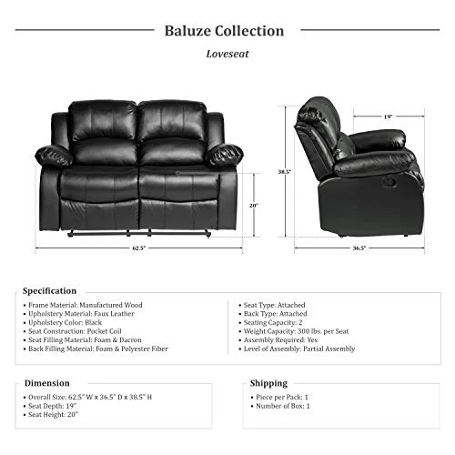 Lexicon Baluze Double Reclining Loveseat, Black 5 Lexicon Baluze Double Reclining Loveseat, Black - Image 3