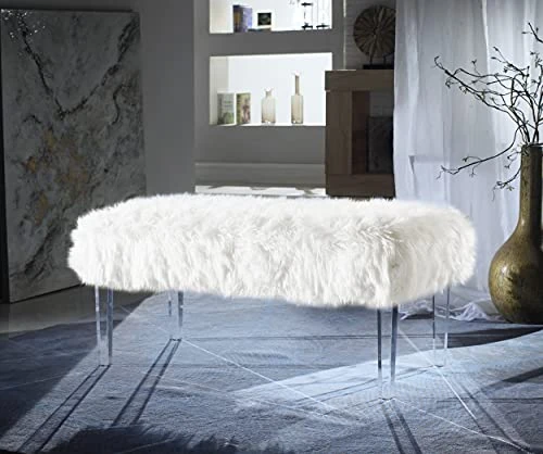 Iconic Home Trento Modern Contemporary Faux Fur Acrylic Leg Bench, White 3 Iconic Home Trento Modern Contemporary Faux Fur Acrylic Leg Bench, White