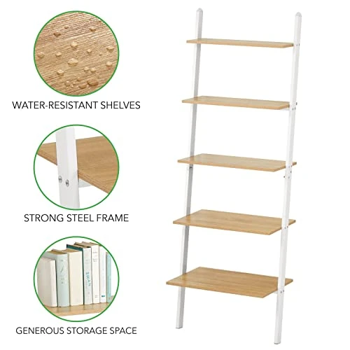 MDesign 5-Tier Leaning Ladder Bookshelf - Rustic Ladder-Style Shelf Bookcase - Decorative Slanted Storage Rack W/Composite Wood Shelves For Bathroom, Living Room - Ladder Shelves - White/Modern Oak 5 MDesign 5-Tier Leaning Ladder Bookshelf - Rustic Ladder-Style Shelf Bookcase - Decorative Slanted Storage Rack W/Composite Wood Shelves For Bathroom, Living Room - Ladder Shelves - White/Modern Oak - Image 3