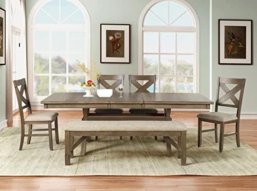 Roundhill Furniture Raven Wood 6-Piece Set, Extendable Trestle Dining Table With 4 Chairs And Bench, Glazed Pine Brown 4 Roundhill Furniture Raven Wood 6-Piece Set, Extendable Trestle Dining Table With 4 Chairs And Bench, Glazed Pine Brown - Image 2