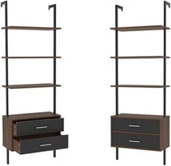 LyuHome Wall Mounted Ladder Shelf, Modern 5-Tier Ladder Bookshelf With Drawers, Metal And Wood Bookcase With Storage Cabinet For Home Office Walnut -Amazon Store 41J9XYRhiCL. AC