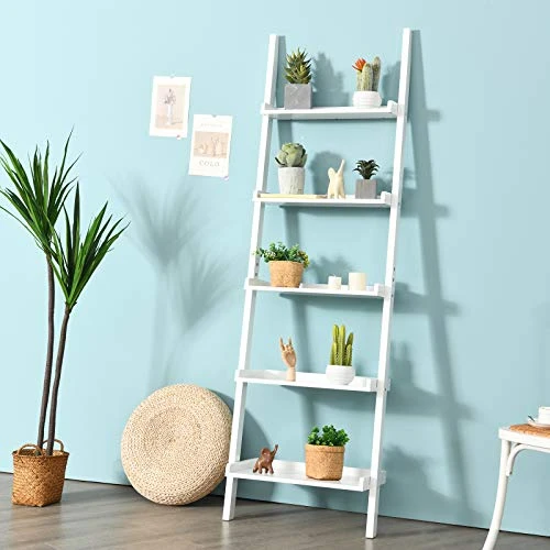 Tangkula 5-Tier Ladder Shelf, Wall-Leaning Bookshelf W/Open Shelves, Plant Flower Stand, Storage Display Organizer Rack, Multifunctional Bookcase For Living Room Home Office (White) 4 Tangkula 5-Tier Ladder Shelf, Wall-Leaning Bookshelf W/Open Shelves, Plant Flower Stand, Storage Display Organizer Rack, Multifunctional Bookcase For Living Room Home Office (White) - Image 2