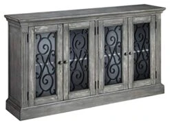 Signature Design By Ashley Mirimyn Vintage 65" 4-Door Accent Cabinet With Clear Glass Inlay And 2 Adjustable Shelves, Gray