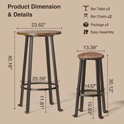 Aiho Bar Table And Chairs Set For 2 With PU Upholstered Stools, 3 Pieces Kitchen Counter Height Wood Top, Modern Pub Table Set For Kitchen Small Place - Rustic Brown
