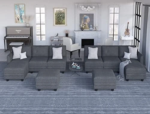 LLappuil Modular Sectional Sofa With Storage, Faux Leather Fabric 7 Seater Modular Sofa With Reversible Chaise, 112 Inch Convertible U Shape Sectional Couch With Ottomans, Aqua Blue 8 LLappuil Modular Sectional Sofa With Storage, Faux Leather Fabric 7 Seater Modular Sofa With Reversible Chaise, 112 Inch Convertible U Shape Sectional Couch With Ottomans, Aqua Blue - Image 6