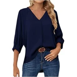 Chiffon Blouses For Women,3/4 Sleeve Fashion V Neck Loose Pullover Top Solid Color Business Elegant Shirts