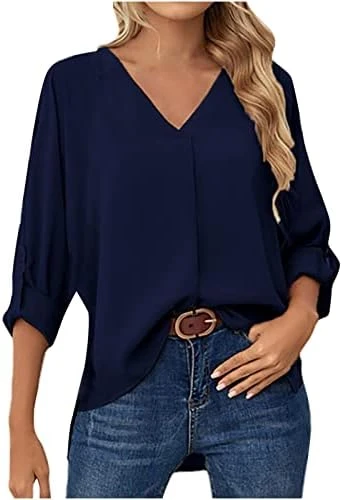 Chiffon Blouses For Women,3/4 Sleeve Fashion V Neck Loose Pullover Top Solid Color Business Elegant Shirts 10 Chiffon Blouses For Women,3/4 Sleeve Fashion V Neck Loose Pullover Top Solid Color Business Elegant Shirts - Image 8