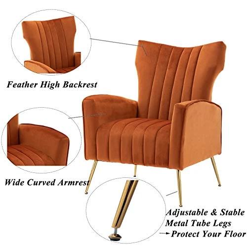 Artechworks Curved Tufted Accent Chair With Metal Gold Legs Velvet Upholstered Arm Club Leisure Modern Chair For Living Room Bedroom Patio, Caramel Color, Orange 5 Artechworks Curved Tufted Accent Chair With Metal Gold Legs Velvet Upholstered Arm Club Leisure Modern Chair For Living Room Bedroom Patio, Caramel Color, Orange - Image 3