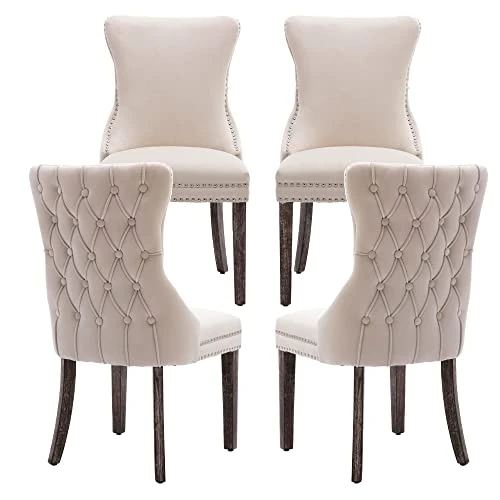 KCC Velvet Dining Chairs Set Of 4, Tufted Upholstered Wingback High-end Dining Kitchen Chair With Nailhead Solid Wood Legs, Contemporary Nikki Collection Modern Style, Beige 3 KCC Velvet Dining Chairs Set Of 4, Tufted Upholstered Wingback High-end Dining Kitchen Chair With Nailhead Solid Wood Legs, Contemporary Nikki Collection Modern Style, Beige