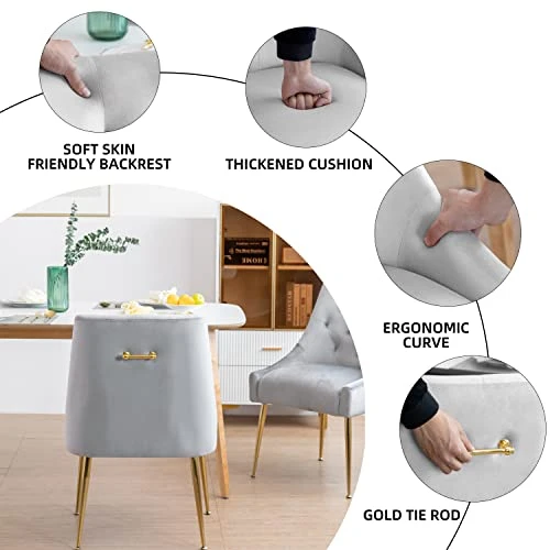 LONXIU Modern Dining Chair Set Of 2, Mid-Century Dining Room Chair, Upholstered Comfortable Dining Chair, Velvet Dining Chair With Back Pull Rod And Metal Legs For Kitchen, Dining, Living Room (Grey) 4 LONXIU Modern Dining Chair Set Of 2, Mid-Century Dining Room Chair, Upholstered Comfortable Dining Chair, Velvet Dining Chair With Back Pull Rod And Metal Legs For Kitchen, Dining, Living Room (Grey) - Image 2