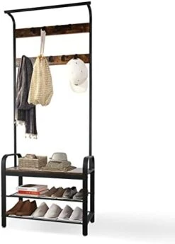 Entryway Coat Rack With Shoe Storage, Hall Tree With Bench, Coat Rack With 9 Removable Hooks And A Hanging Rod, Entryway Shoe Rack Organizer With Metal Frame 28.1*13.7*72.1 Inches (Rustic Brown) -Amazon Store 41K2RwsDJSL. AC