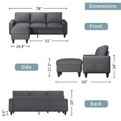 Lonkwa L-Shaped Couches Convertible Storage Ottoman 3-Seat Grey Sectional Sofas For Living Room/Bedroom/Office/Small Space, Dark Gray -Amazon Store 41KDCYaBIvL
